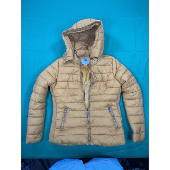 Lane Jackets & Blazers - Sunset Lane Womens Small Hooded Puffer Jacket Tan Quilted Stained Coat S